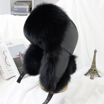Mens Real Silver Fox Fur Bomber Hat Raccoon Fur Cap Russian Trapper Ski Hats Leather Winter Hat For