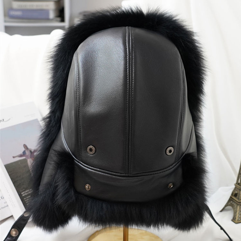 Mens Real Silver Fox Fur Bomber Hat Raccoon Fur Cap Russian Trapper Ski Hats Leather Winter Hat For
