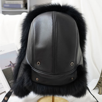Mens Real Silver Fox Fur Bomber Hat Raccoon Fur Cap Russian Trapper Ski Hats Leather Winter Hat For