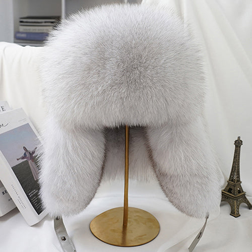 Mens Real Silver Fox Fur Bomber Hat Raccoon Fur Cap Russian Trapper Ski Hats Leather Winter Hat For