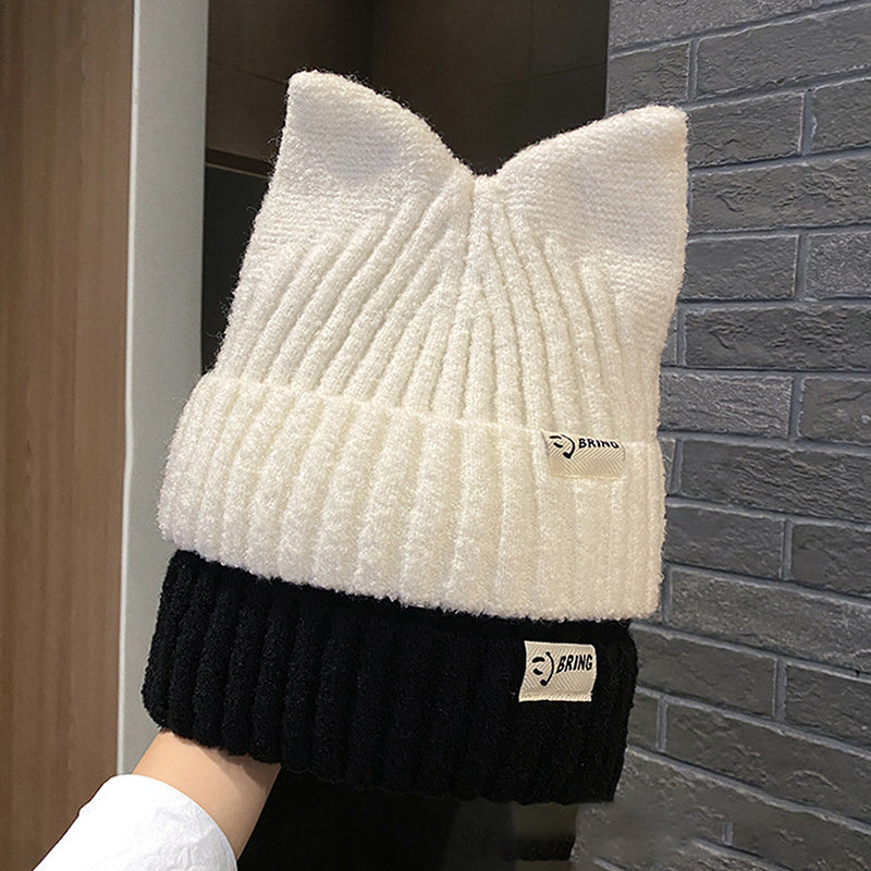 Versatile Pullover Knitted Hats Cute Cat Ears Beanies For Women Warm Ear Protection Sweet 3