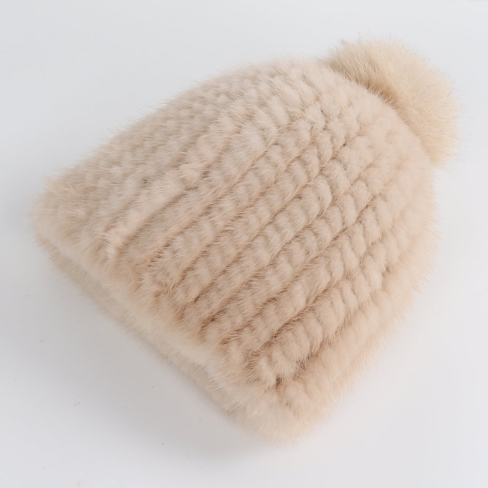 Winter Women Genuine Mink Fur Hat Hand Knitted Warm Cap With Real Mink Fur And Fox Fur Pompoms 4