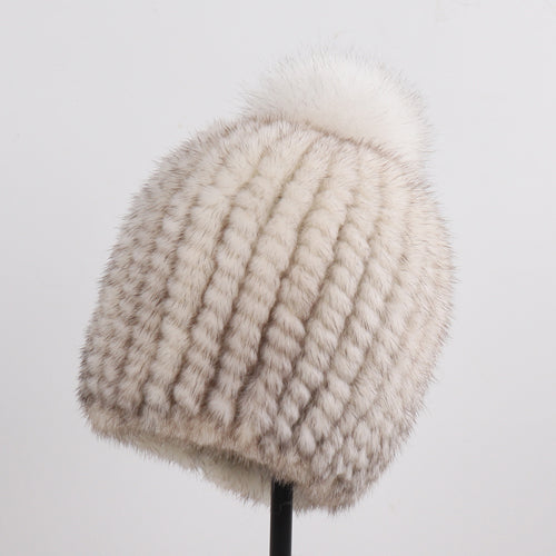 Winter Women Genuine Mink Fur Hat Hand Knitted Warm Cap With Real Mink Fur And Fox Fur Pompoms 6