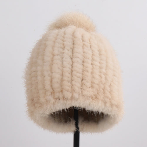 Winter Women Genuine Mink Fur Hat Hand Knitted Warm Cap With Real Mink Fur And Fox Fur Pompoms 7