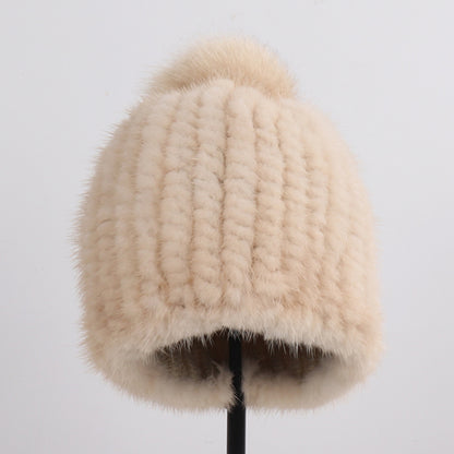 Winter Women Genuine Mink Fur Hat Hand Knitted Warm Cap With Real Mink Fur And Fox Fur Pompoms 7