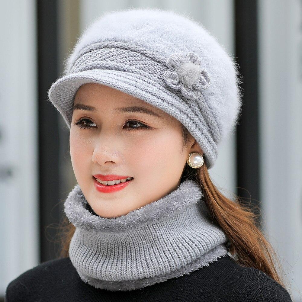 Fashion Women Winter Hat Faux Fur Knitted Hat Scarf Warm Set Keep Warm Cap Casual Flower Hat Lined with Fur