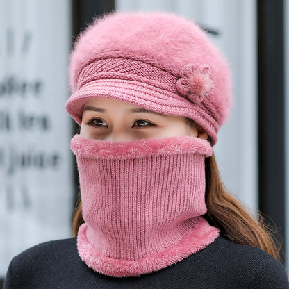 Fashion Women Winter Hat Faux Fur Knitted Hat Scarf Warm Set Keep Warm Cap Casual Flower Hat Lined  2
