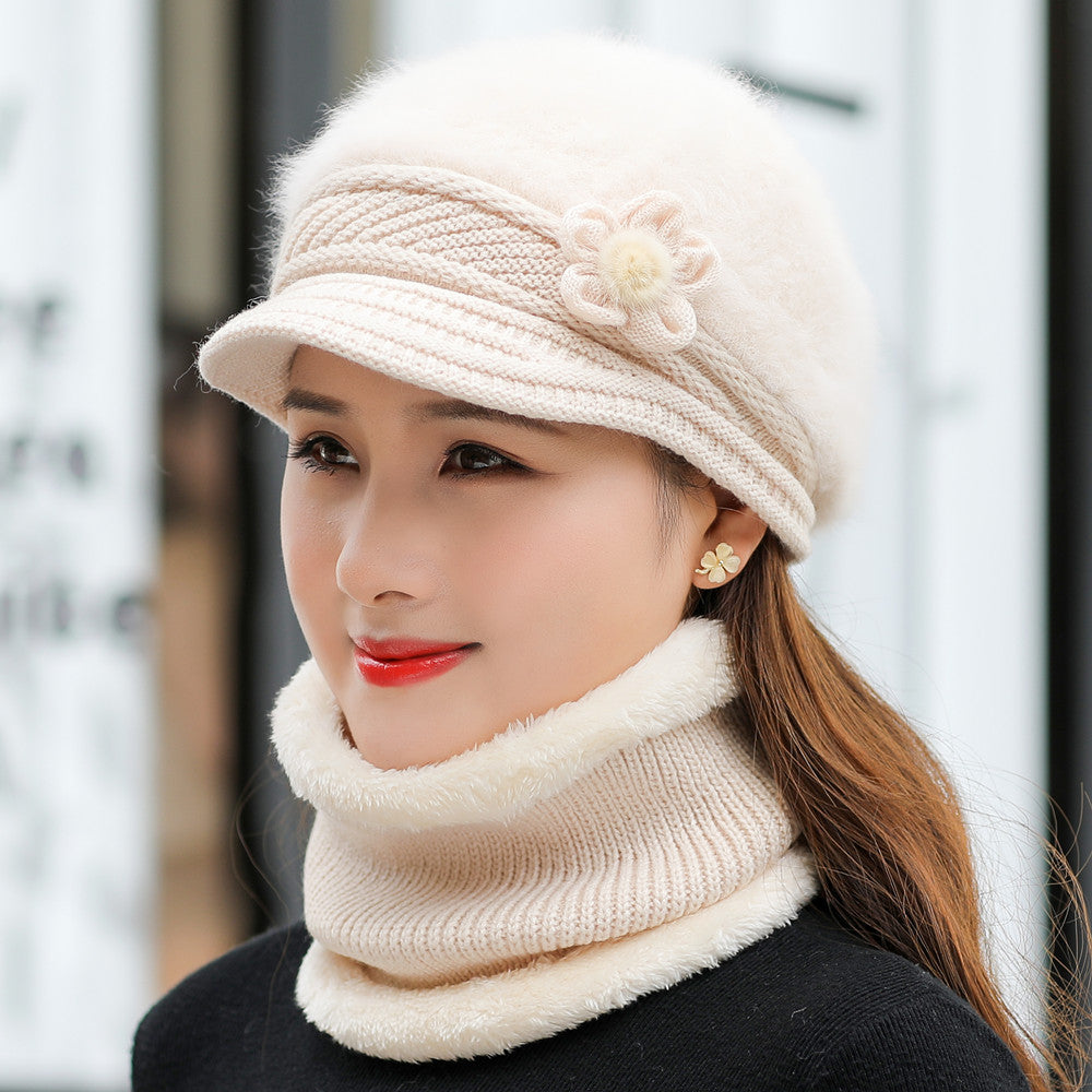 Fashion Women Winter Hat Faux Fur Knitted Hat Scarf Warm Set Keep Warm Cap Casual Flower Hat Lined  4