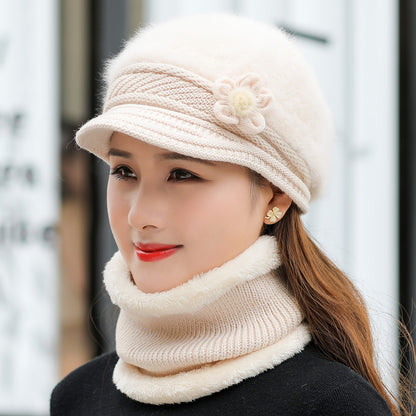 Fashion Women Winter Hat Faux Fur Knitted Hat Scarf Warm Set Keep Warm Cap Casual Flower Hat Lined  4