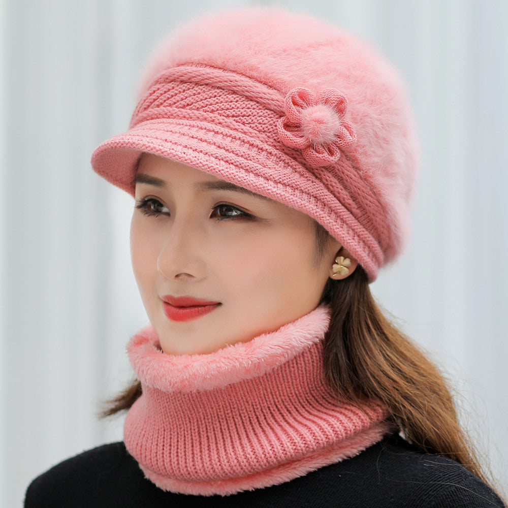 Fashion Women Winter Hat Faux Fur Knitted Hat Scarf Warm Set Keep Warm Cap Casual Flower Hat Lined  7