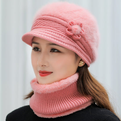 Fashion Women Winter Hat Faux Fur Knitted Hat Scarf Warm Set Keep Warm Cap Casual Flower Hat Lined  7