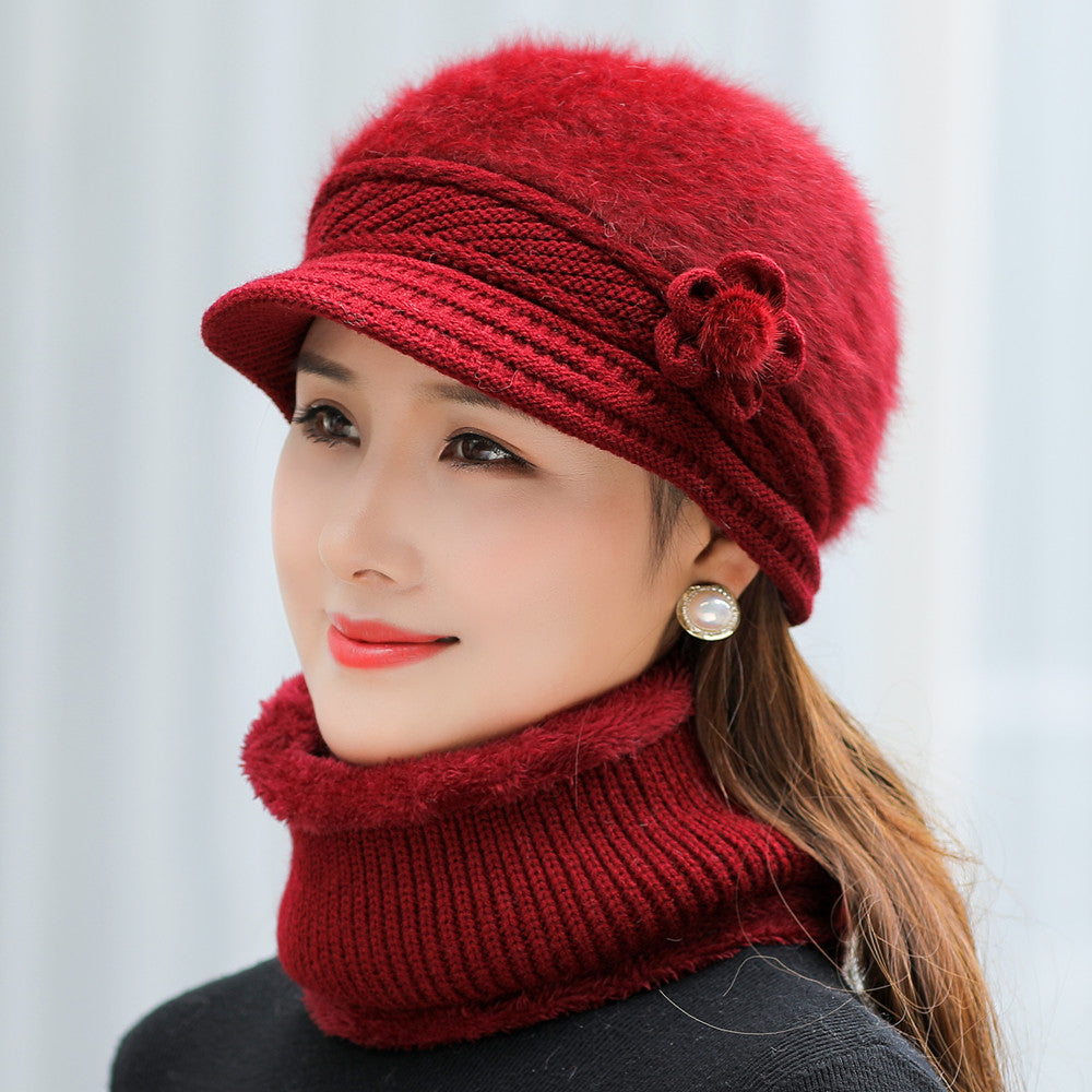Fashion Women Winter Hat Faux Fur Knitted Hat Scarf Warm Set Keep Warm Cap Casual Flower Hat Lined  9