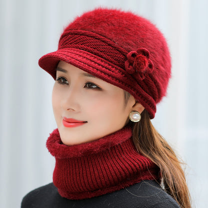 Fashion Women Winter Hat Faux Fur Knitted Hat Scarf Warm Set Keep Warm Cap Casual Flower Hat Lined  9
