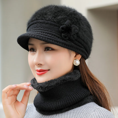 Fashion Women Winter Hat Faux Fur Knitted Hat Scarf Warm Set Keep Warm Cap Casual Flower Hat Lined  5