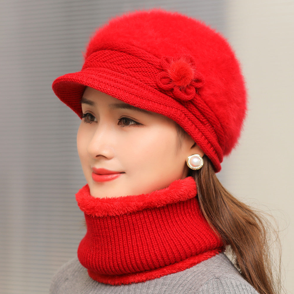 Fashion Women Winter Hat Faux Fur Knitted Hat Scarf Warm Set Keep Warm Cap Casual Flower Hat Lined  10