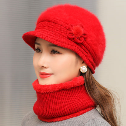 Fashion Women Winter Hat Faux Fur Knitted Hat Scarf Warm Set Keep Warm Cap Casual Flower Hat Lined  10