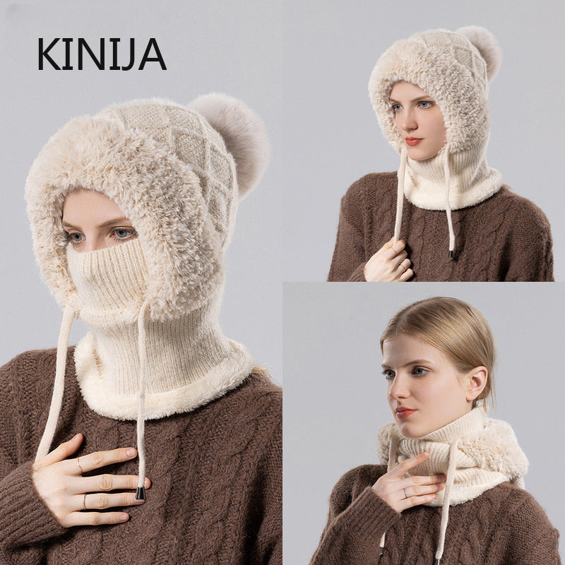 Women Winter Balaclava Hat Velvet Knitted Woolen Ear Protection Fluffy Mask Neck Integrated Warmth Cover Hooded Cap