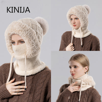 Women Winter Balaclava Hat Velvet Knitted Woolen Ear Protection Fluffy Mask Neck Integrated Warmth Cover Hooded Cap