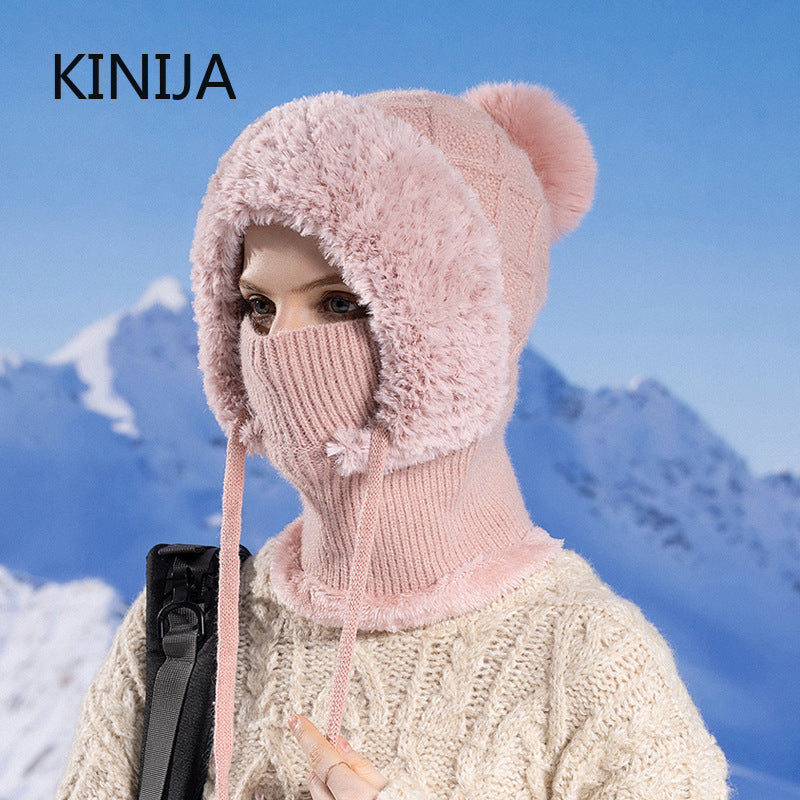 Women Winter Balaclava Hat Velvet Knitted Woolen Ear Protection Fluffy Mask Neck Integrated Warmth  2