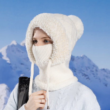 Women Winter Balaclava Hat Velvet Knitted Woolen Ear Protection Fluffy Mask Neck Integrated Warmth  6