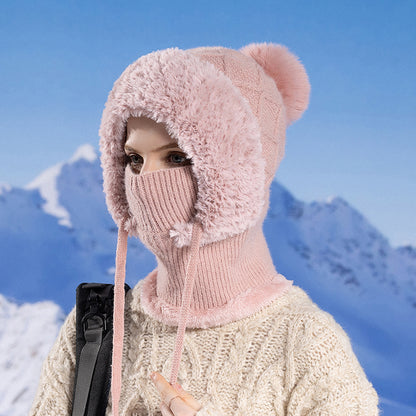 Women Winter Balaclava Hat Velvet Knitted Woolen Ear Protection Fluffy Mask Neck Integrated Warmth  7
