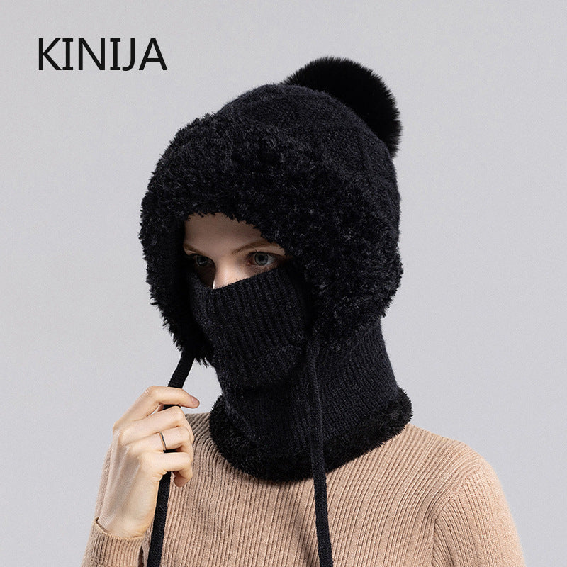 Women Winter Balaclava Hat Velvet Knitted Woolen Ear Protection Fluffy Mask Neck Integrated Warmth  3