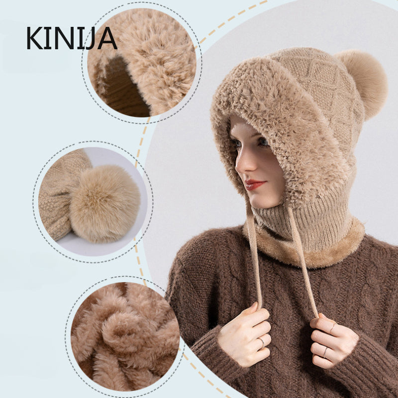 Women Winter Balaclava Hat Velvet Knitted Woolen Ear Protection Fluffy Mask Neck Integrated Warmth  1