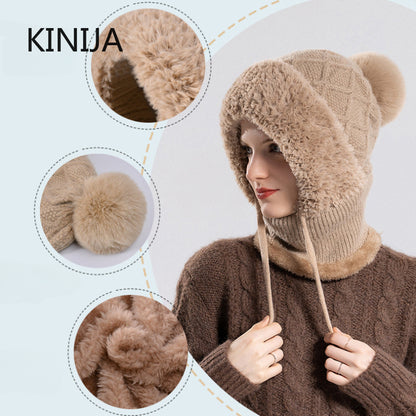Women Winter Balaclava Hat Velvet Knitted Woolen Ear Protection Fluffy Mask Neck Integrated Warmth  1