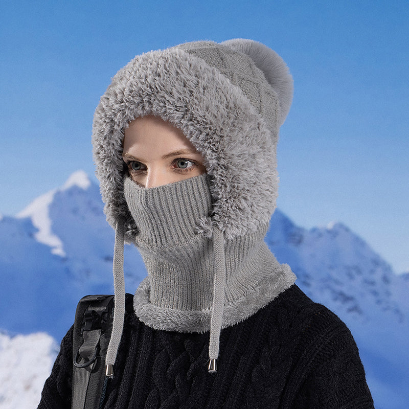 Women Winter Balaclava Hat Velvet Knitted Woolen Ear Protection Fluffy Mask Neck Integrated Warmth  8