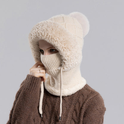 Women Winter Balaclava Hat Velvet Knitted Woolen Ear Protection Fluffy Mask Neck Integrated Warmth  9