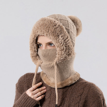 Women Winter Balaclava Hat Velvet Knitted Woolen Ear Protection Fluffy Mask Neck Integrated Warmth  4