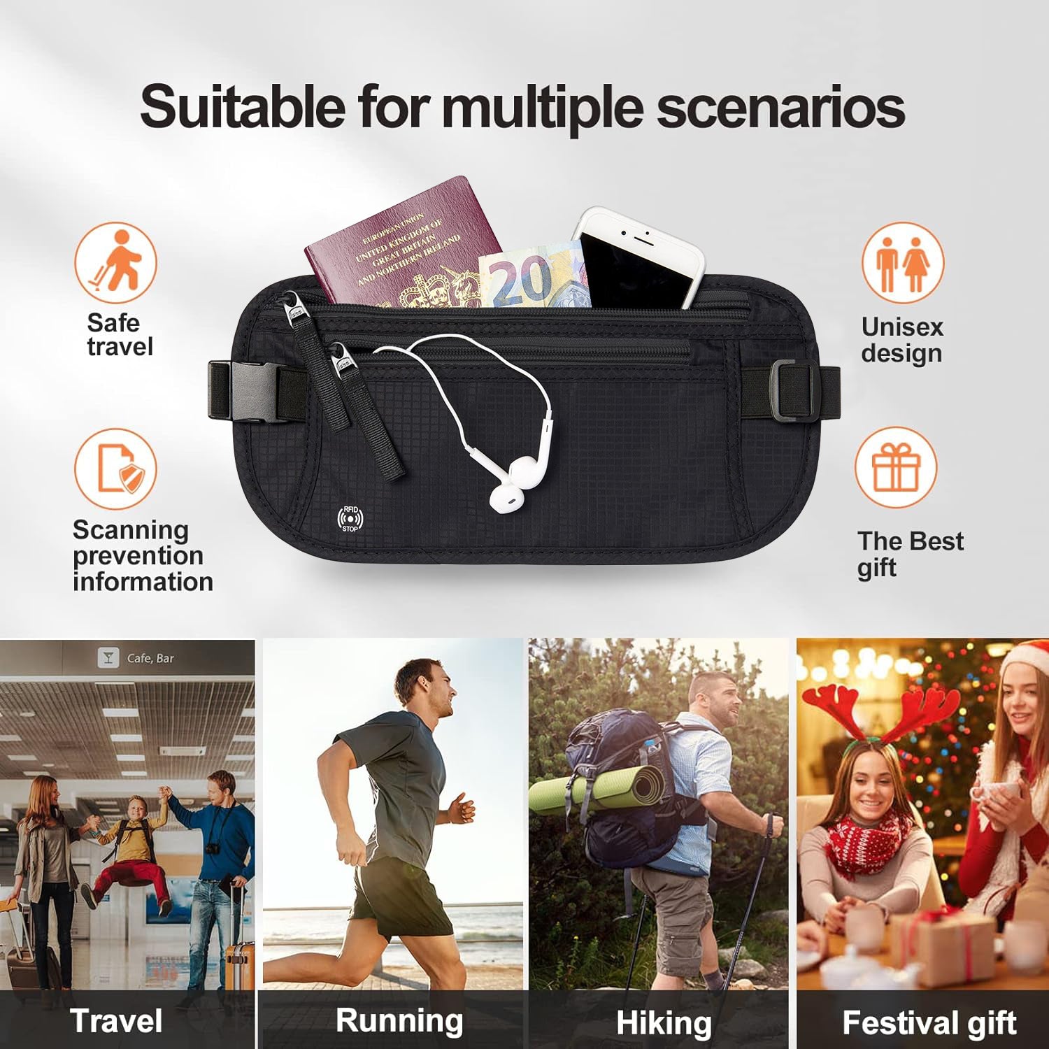 Slim Passport Holder RFID, Travel Money Belt, Blocking Pouch to Protect Cash, Credit Cards, and Travel Documents