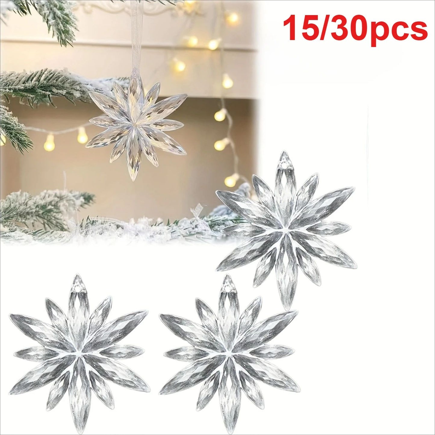 White Snowflake Christmas Decoration Pendants  15 Or 30 Transparent Crystal Snowflake Ornaments For 1
