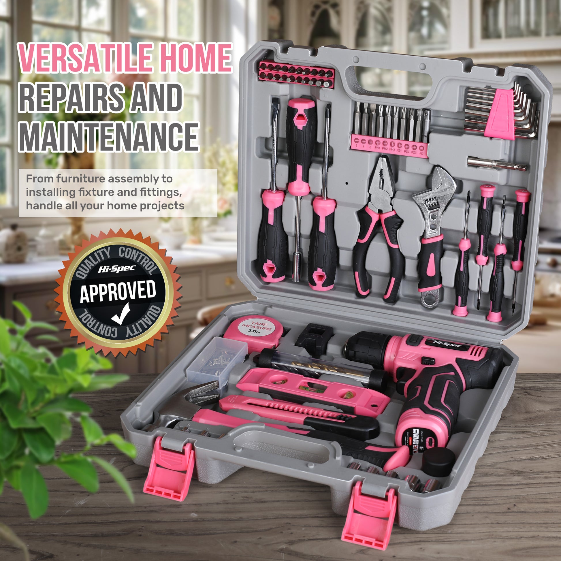 Pink Home Repair Tools Kit Set, Power Tool Sets with Lithium Drill, Magnetic Precision Bits Toolbox