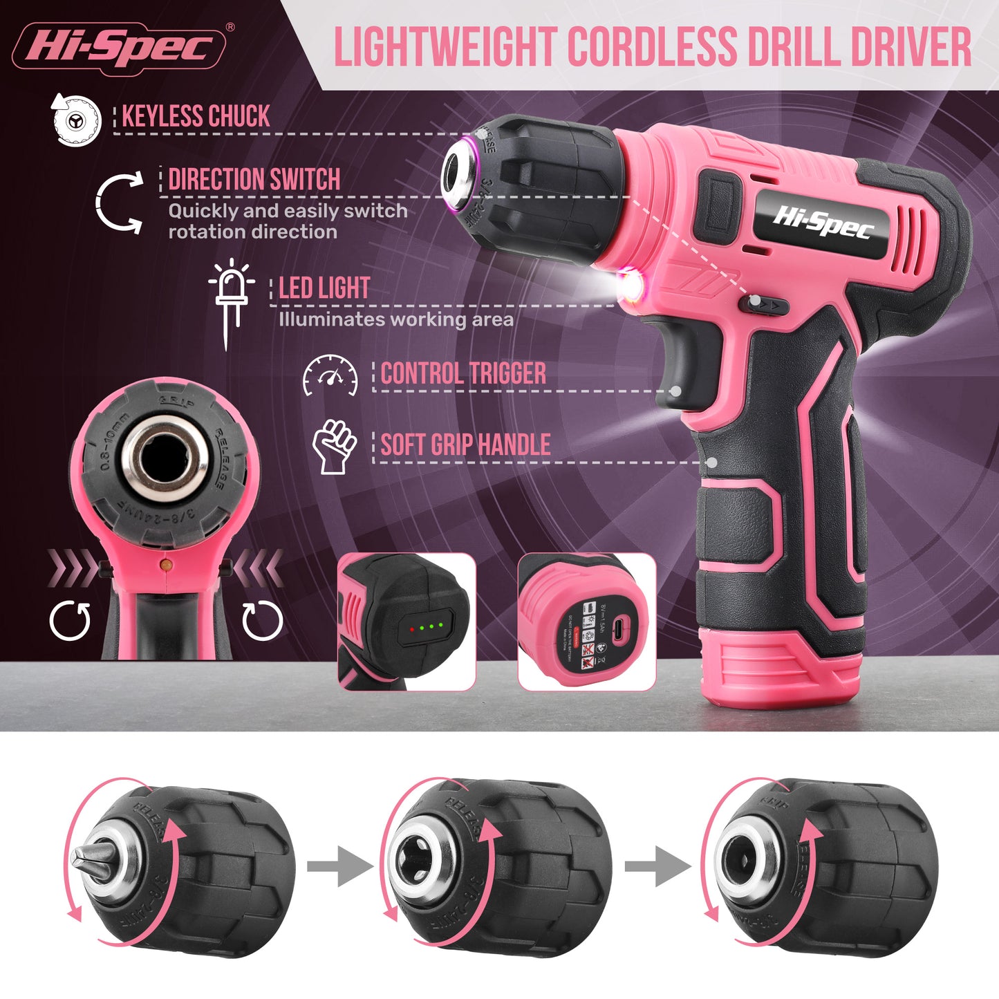 Pink Home Repair Tools Kit Set Power Tool Sets With Lithium Drill Magnetic Precision Bits Toolbox 2