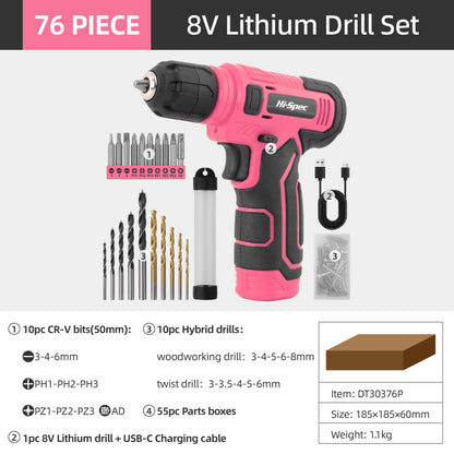 Pink Home Repair Tools Kit Set Power Tool Sets With Lithium Drill Magnetic Precision Bits Toolbox 7