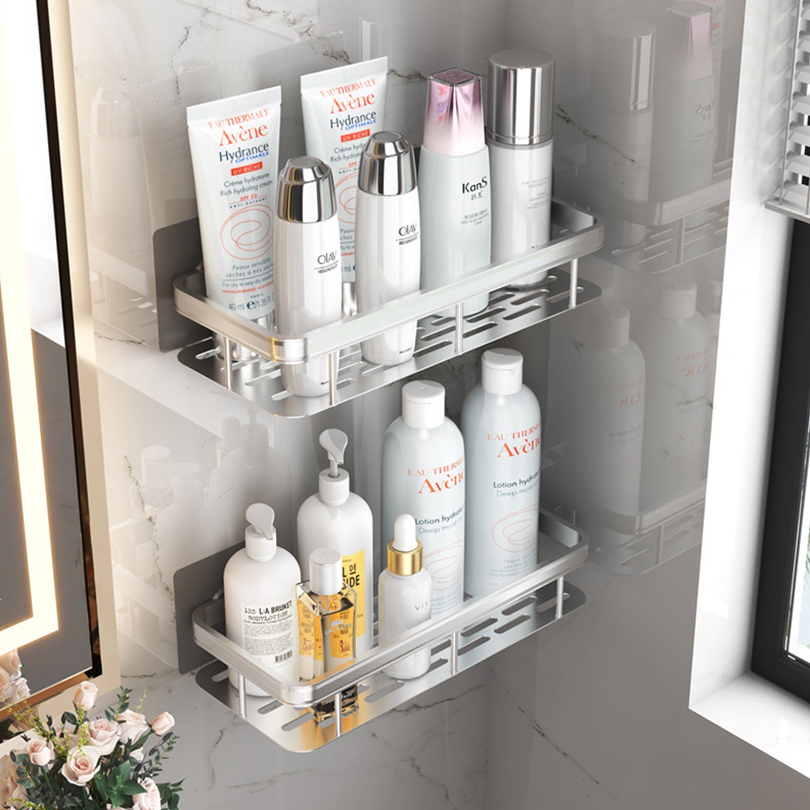 Stainless Steel Bathroom Storage Rack Anti Rust Shower Rack Suction Cup Storage Rack For Household  1