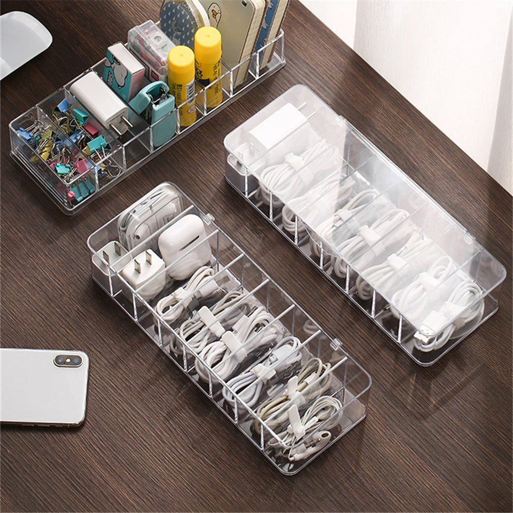 Desk Storage Container, Transparent Plastic Data Line Box, Cable and Makeup Organizer