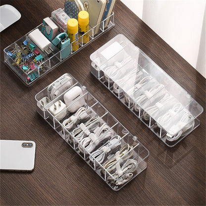 Desk Storage Container, Transparent Plastic Data Line Box, Cable and Makeup Organizer