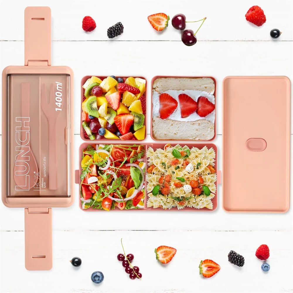 Premium DoubleLayer Portable Lunch Box Bento Set With Fork  Spoon  MicrowaveReady Kids  Family Food 2