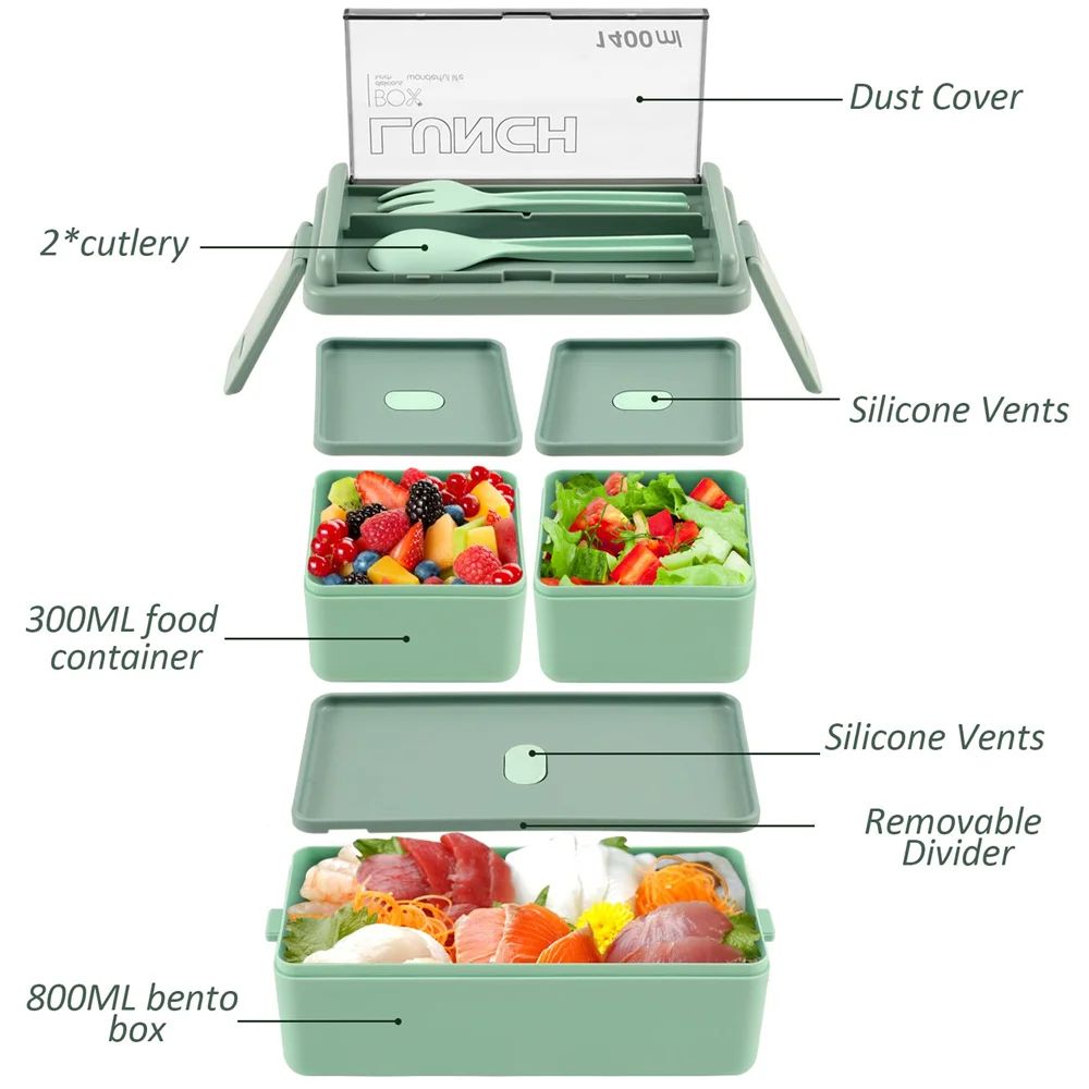 Premium DoubleLayer Portable Lunch Box Bento Set With Fork  Spoon  MicrowaveReady Kids  Family Food 3