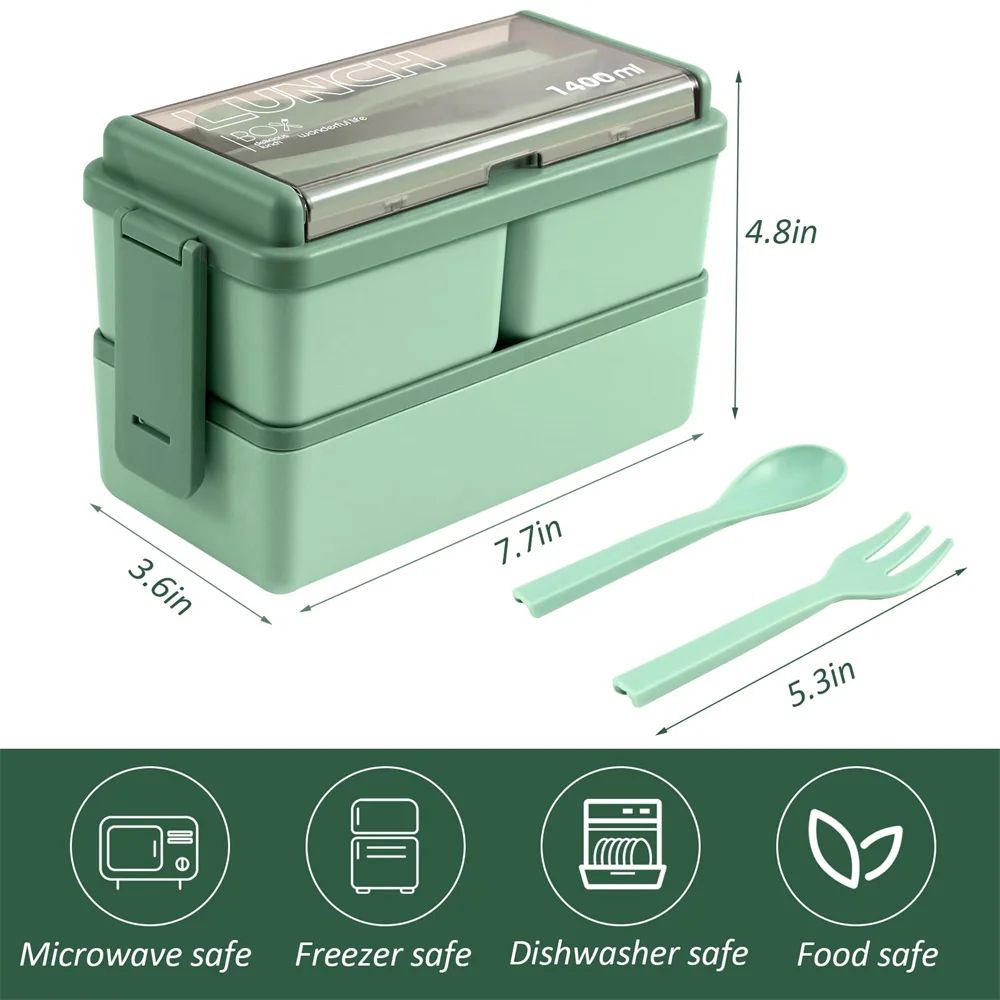 Premium DoubleLayer Portable Lunch Box Bento Set With Fork  Spoon  MicrowaveReady Kids  Family Food 1