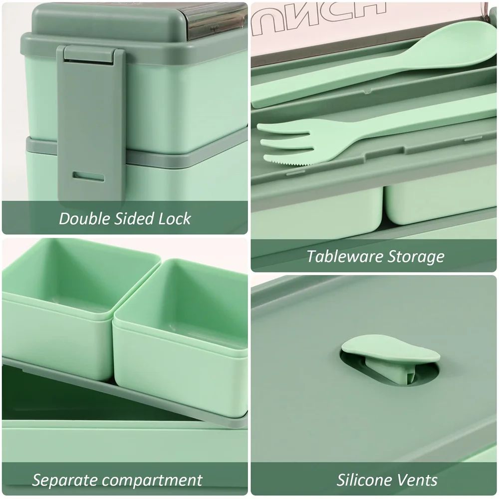 Premium DoubleLayer Portable Lunch Box Bento Set With Fork  Spoon  MicrowaveReady Kids  Family Food 4