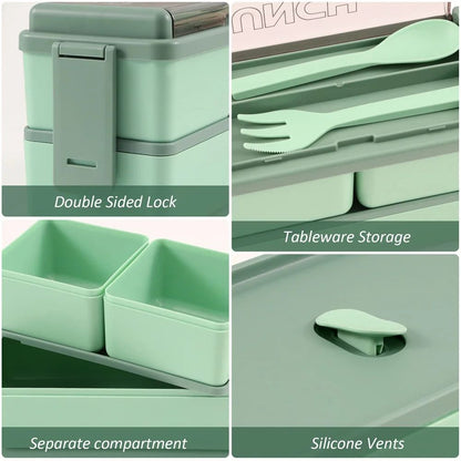Premium DoubleLayer Portable Lunch Box Bento Set With Fork  Spoon  MicrowaveReady Kids  Family Food 4