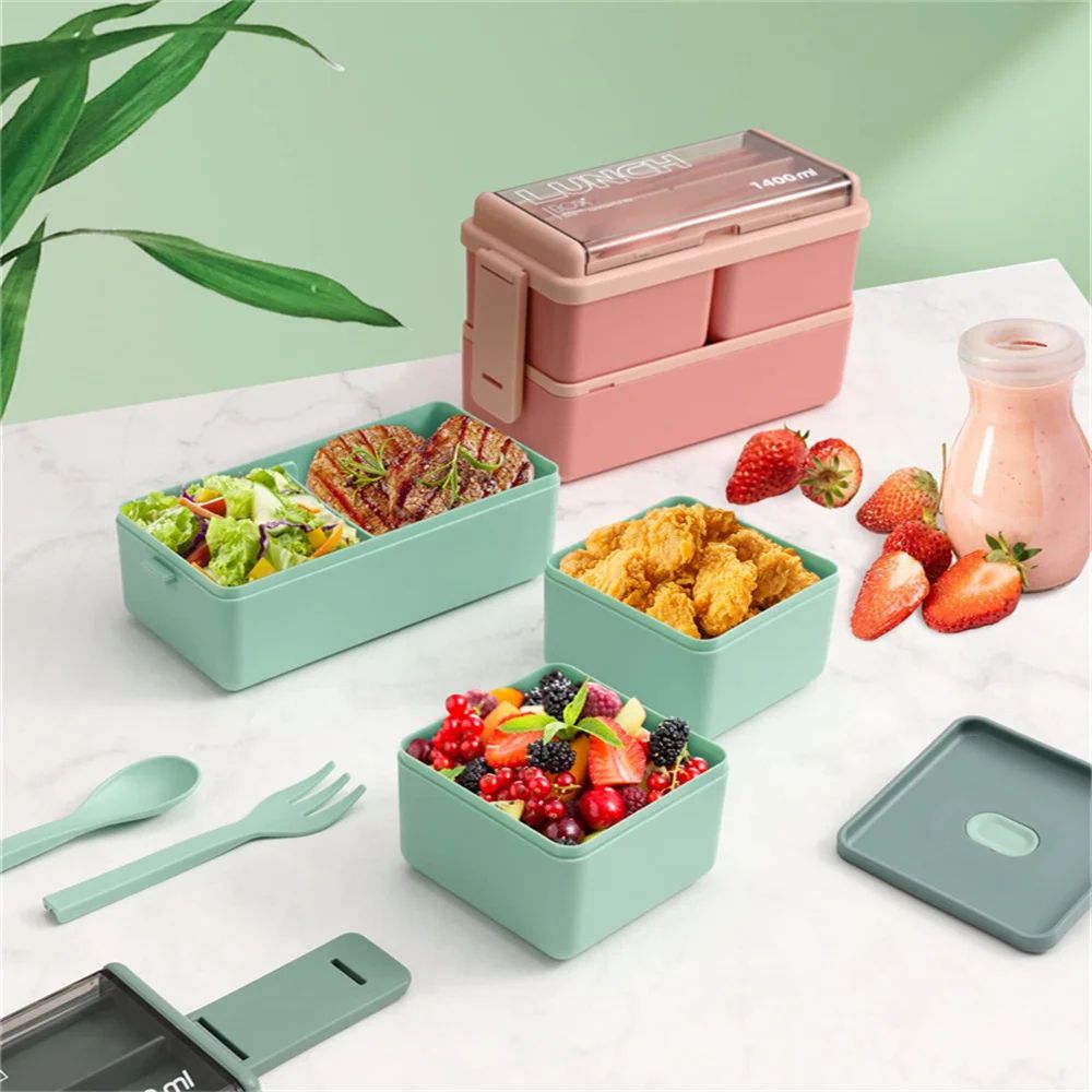 Premium DoubleLayer Portable Lunch Box Bento Set With Fork  Spoon  MicrowaveReady Kids  Family Food 5