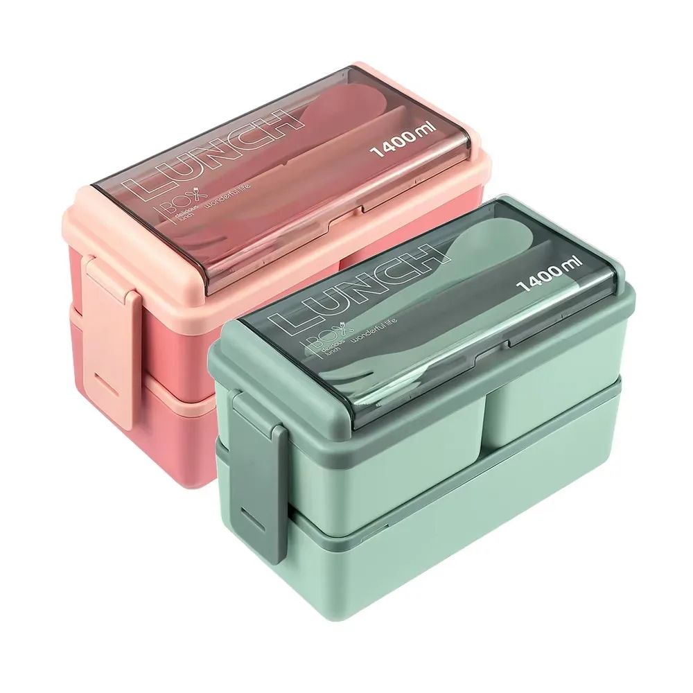 Premium DoubleLayer Portable Lunch Box Bento Set With Fork  Spoon  MicrowaveReady Kids  Family Food 11