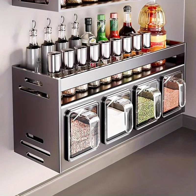 Stainless Steel Wall-Mounted Spice Rack, Multi-Functional Kitchen Storage Organizer