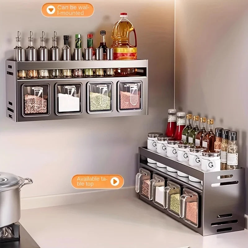 Stainless Steel Wall-Mounted Spice Rack, Multi-Functional Kitchen Storage Organizer