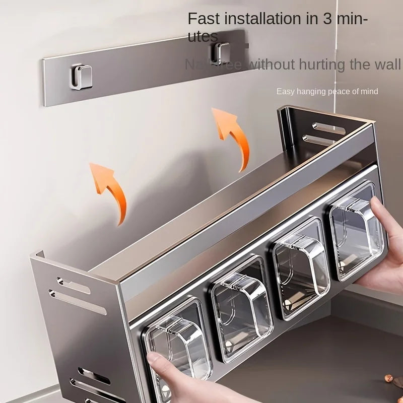 Stainless Steel Wall-Mounted Spice Rack, Multi-Functional Kitchen Storage Organizer