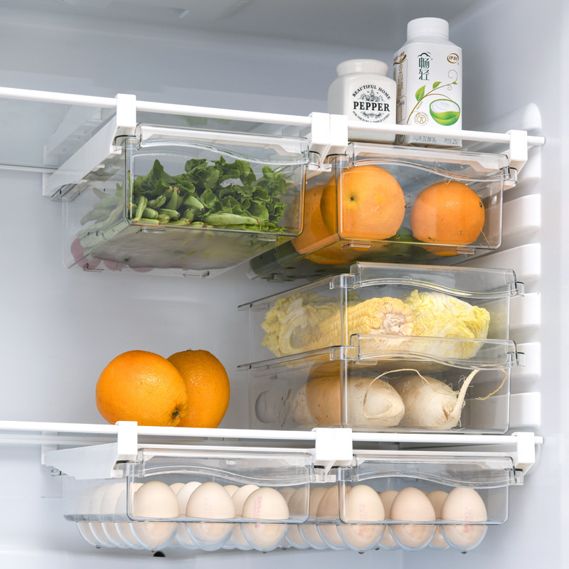 Refrigerator Drawer Style Food Storage Box, Sliding Plastic Cooking Container, Shelf Support, Fruit Packaging Machine